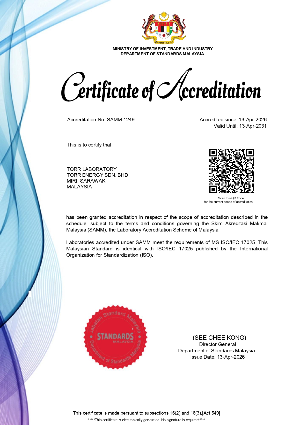 Certificate of Accreditation — Torr Laboratory SAMM 1249